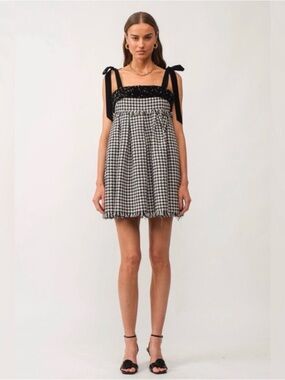 Sofie the label Houndstooth Tweed Mini Dress Black White Sequin Velvet Straps  S